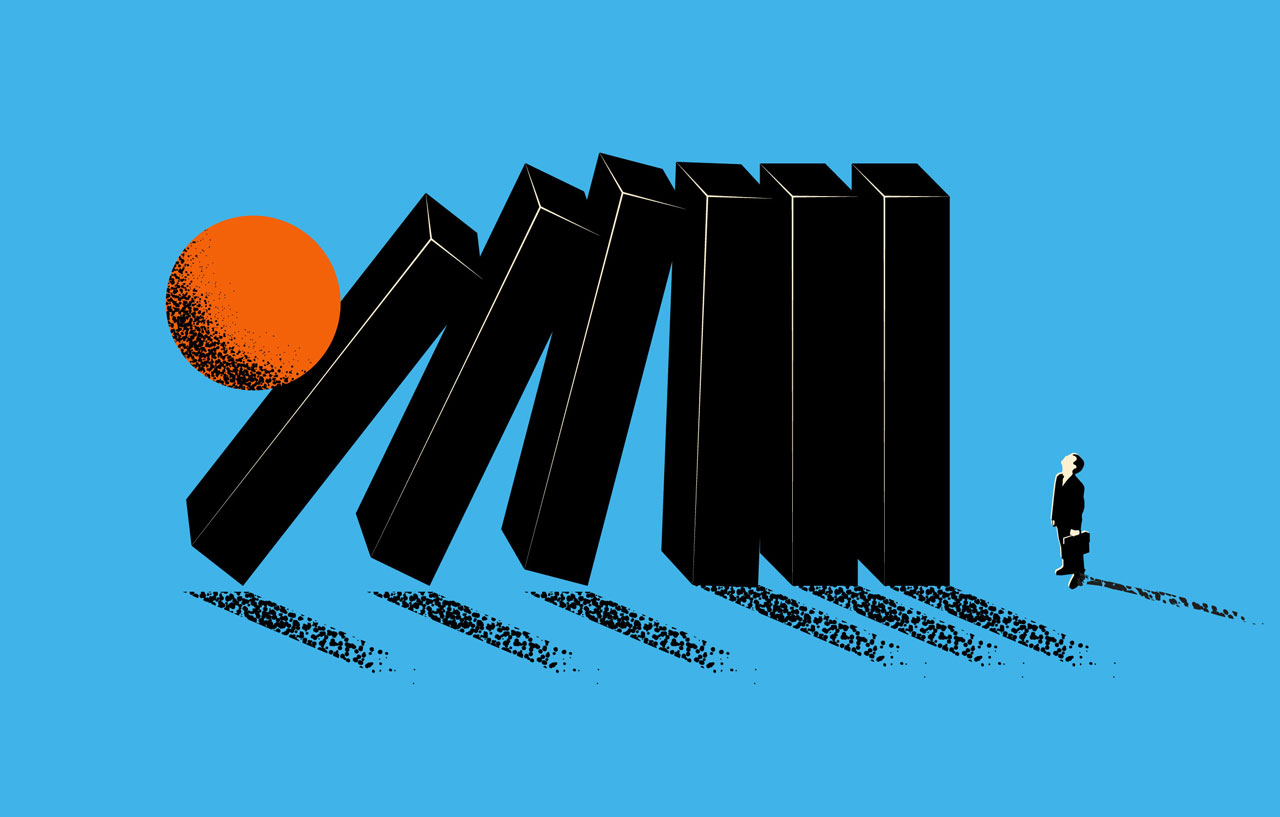 Fallende Dominosteine, ein Mann als Symbol für deb Staat steht davor.